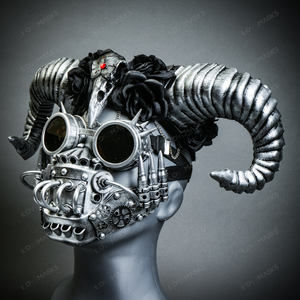 Silver Raven Ram Horn Headband w/ Steampunk Goggle Mask Hallween Party Costume